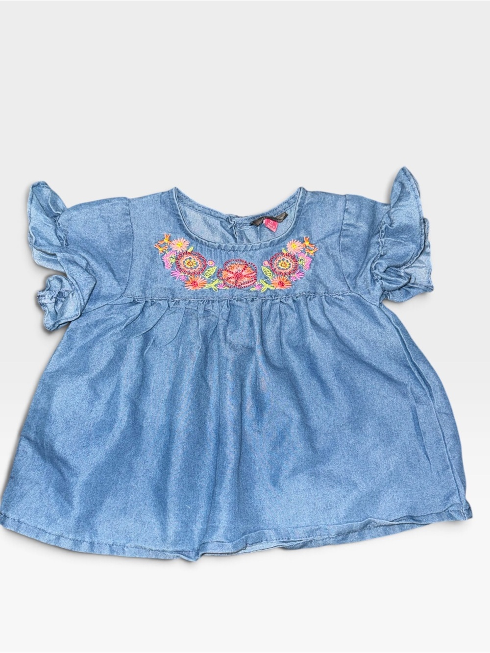 Vince Camuto Girls Light Blue Denim Tunic with Multicolor Floral Embroidery